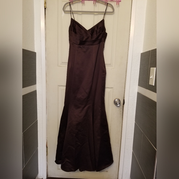 David's Bridal Brown Truffle Satin Formal Evening Gown Sz. 8 - Picture 1 of 7